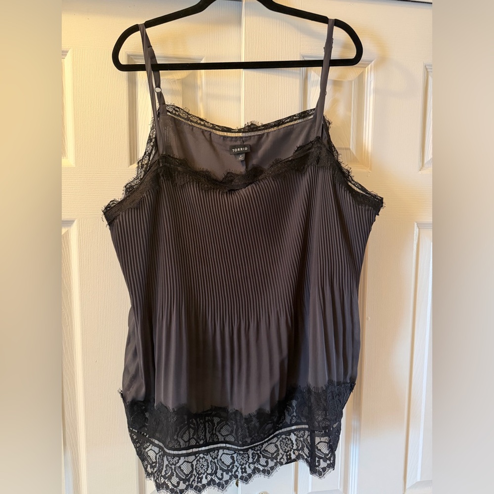torrid charcoal-gray pleated lace-trim cami